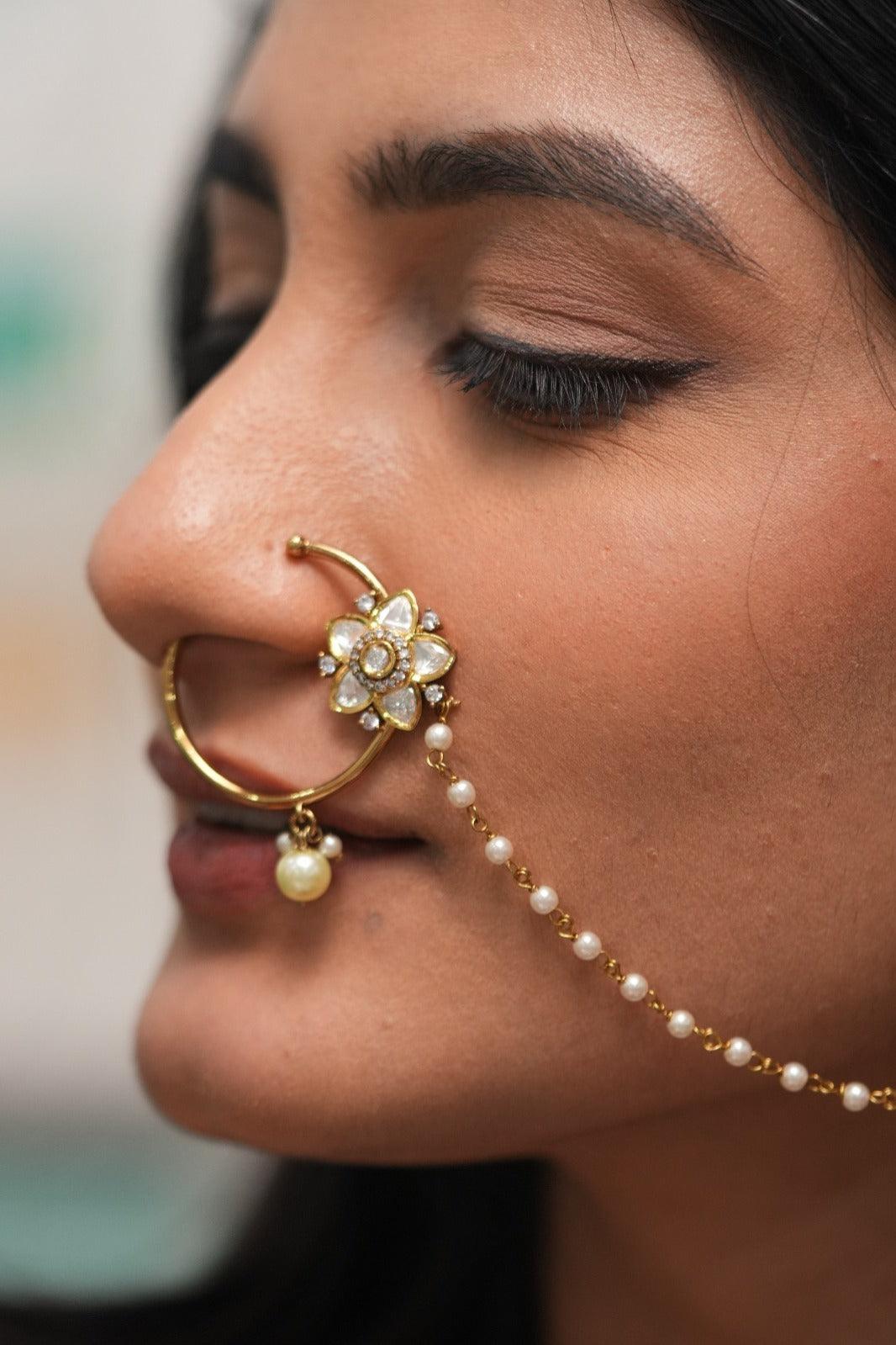 Fool Ki Dhar Polki Moissanite Gold Nath Nose Ring
