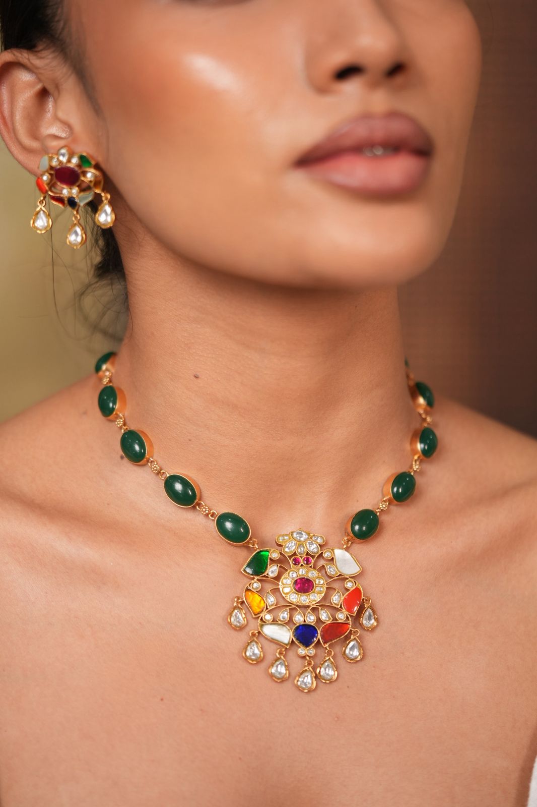 Navratna Midline Necklace Big Indian Pendant Set with Studs