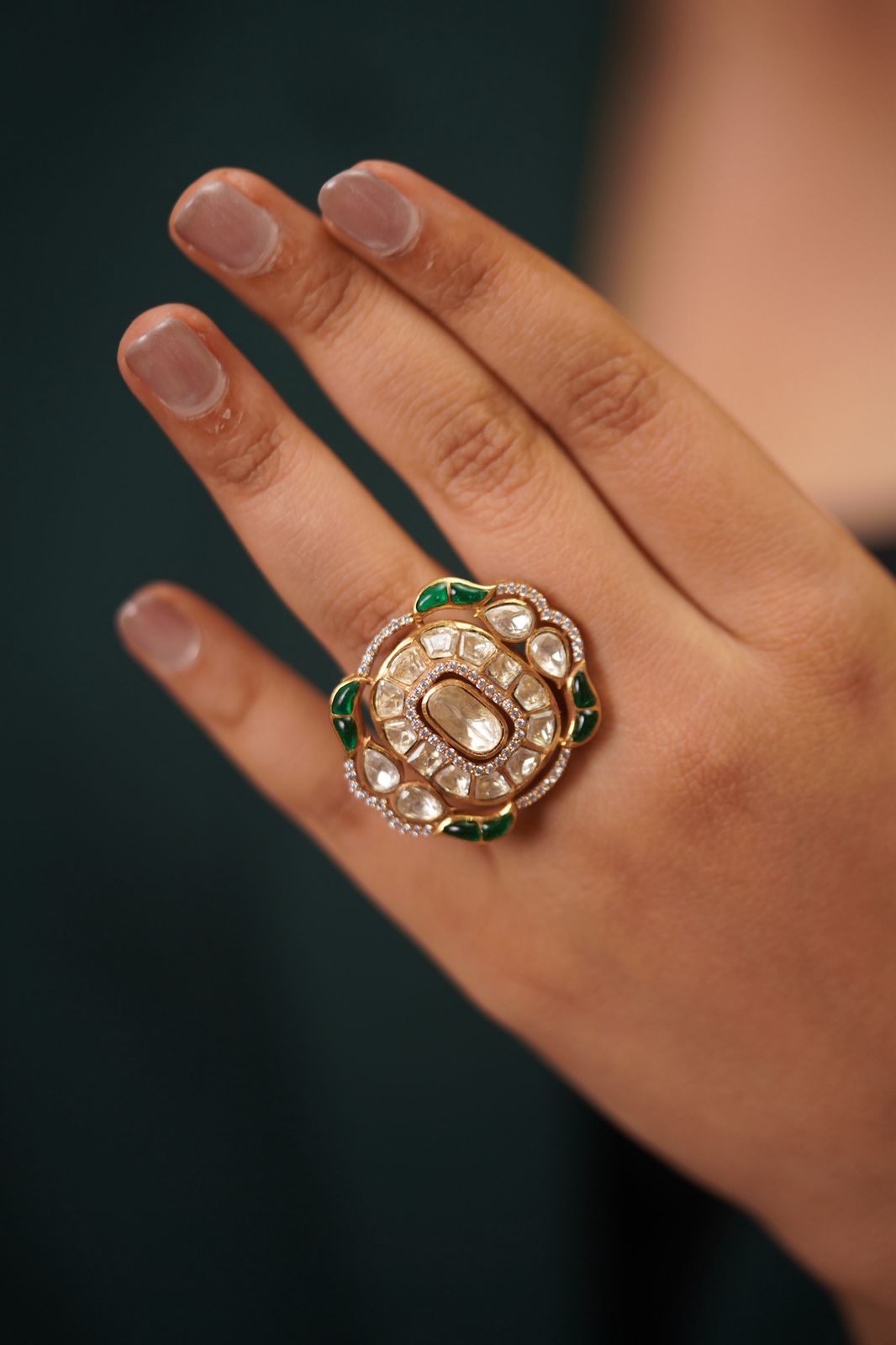 Jesha Polki Moissanite Statement Uncut Diamond Ring Adjustable