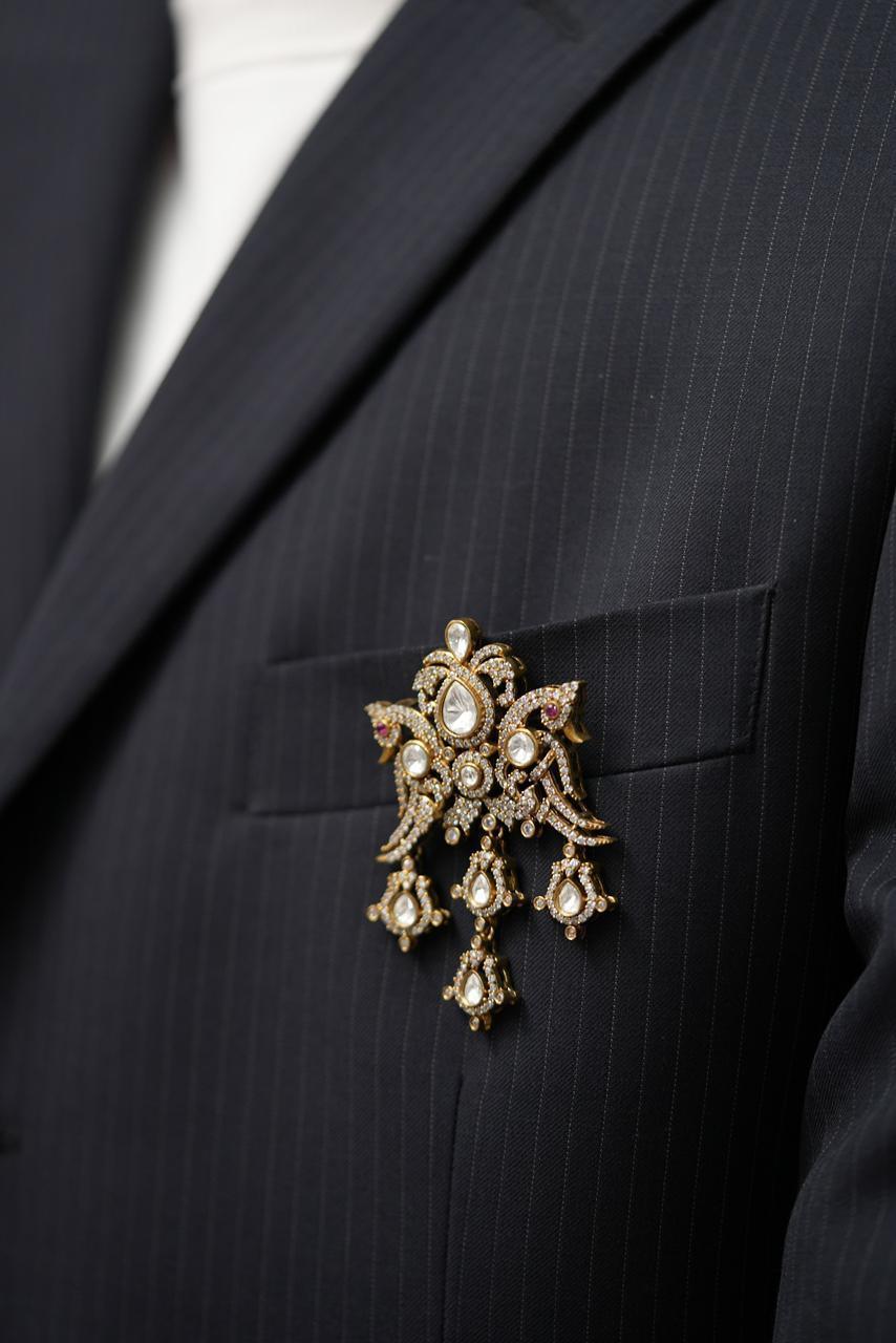Khili Royal Polki Antique Gold Brooch For Men Women