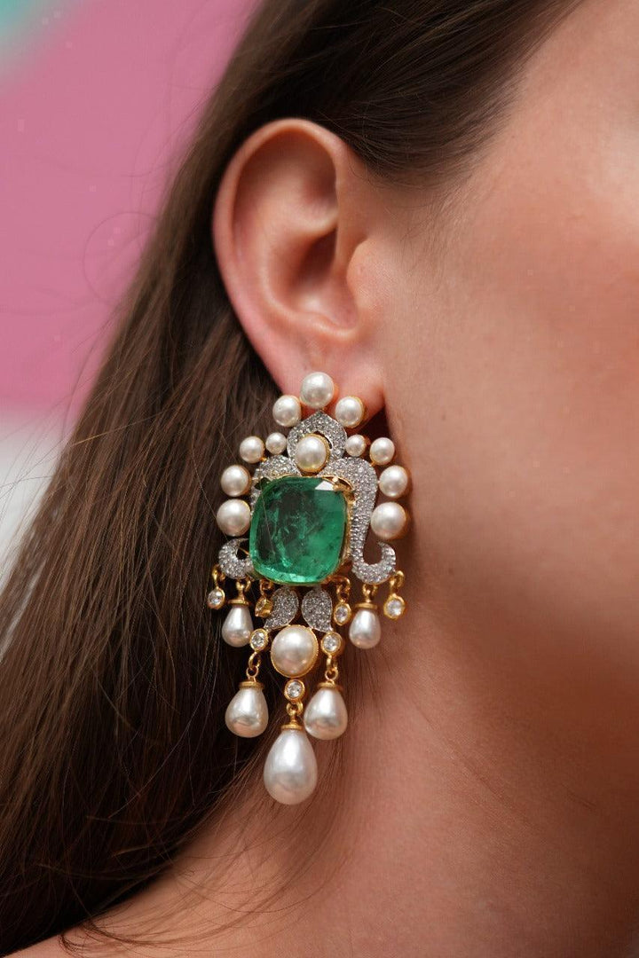 Oversized Pearly Russian Emerald Designer Diamond Earrings