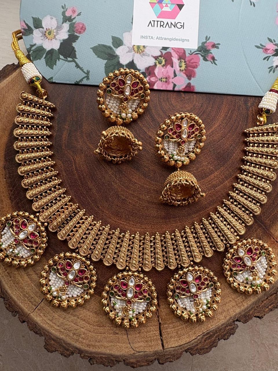 Devika Indian Necklace Set with Gold Jhumkas Sone Pe Suhaga Collection