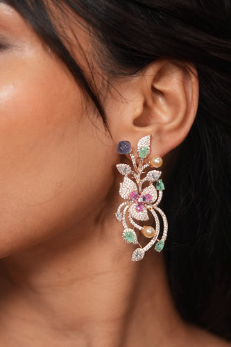 Floral Swirl mid Sized Designer Colourful Diamond Earrings| Enchanted Garden