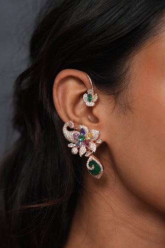 Mulan Multicolour Peacock Diamond Earcuff Earrings | Enchanted Garden