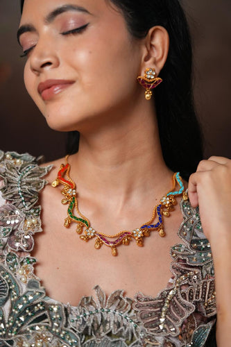 Rang Biranga Multicolour Gold Necklace Set with Earrings