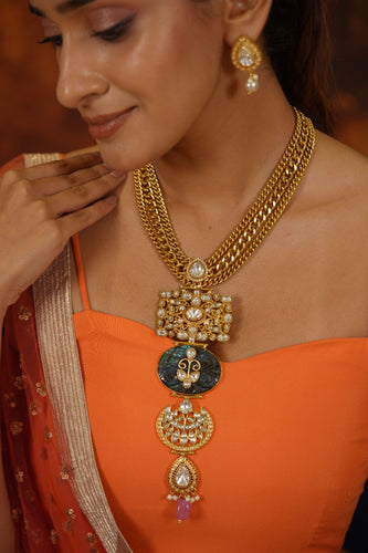 Jyoti Holdali Polki Meenakari Gold Chain Fusion Necklace with Earrings | Banjaran