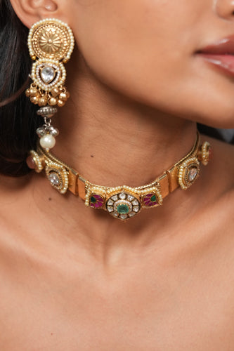Padma Gold Tribal Fusion Choker Set with Earrings | Banjaran