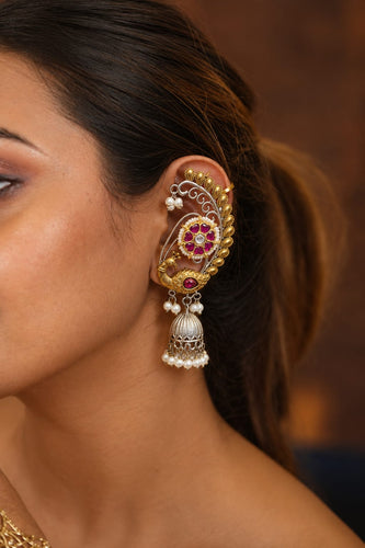 Mayuri Dual-Tone Peacock Ear Cuff Earrings | Banjaran