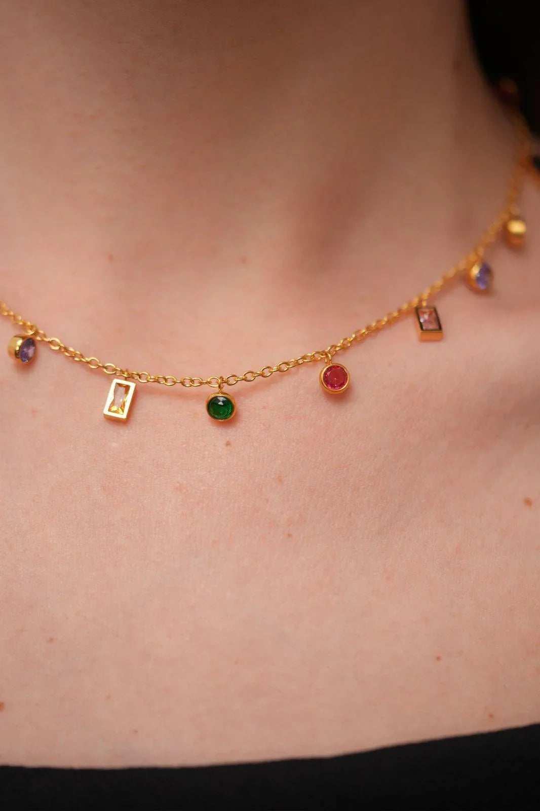 Multi Gem Stone Dangling Necklace - Main Image