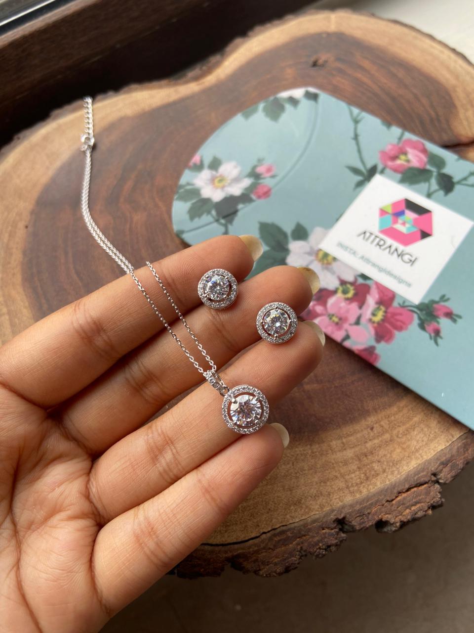 Carat Round Diamond Solitaire Chain with Carat Earrings Pendant