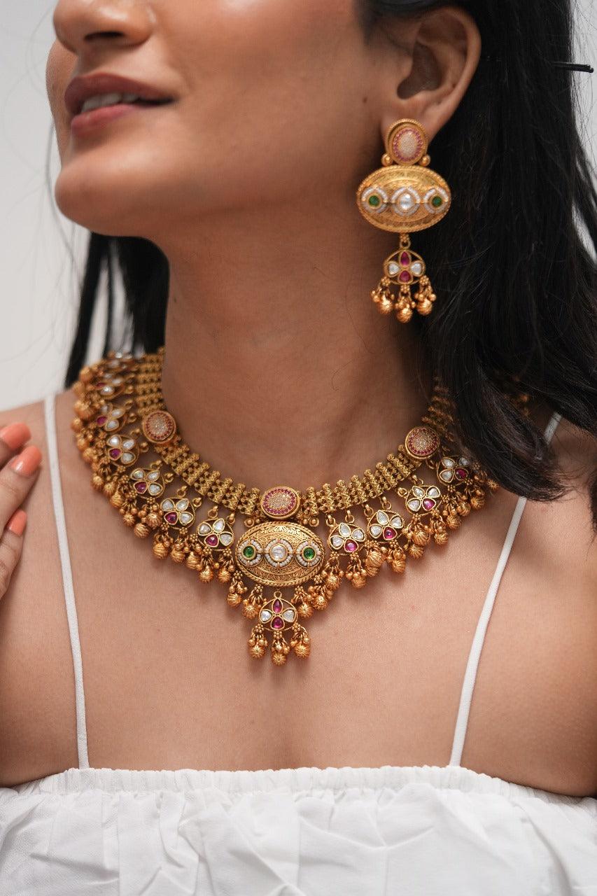 Necklace Bahubali Earring Set Haldi Mehndi Flower Jewellery Set