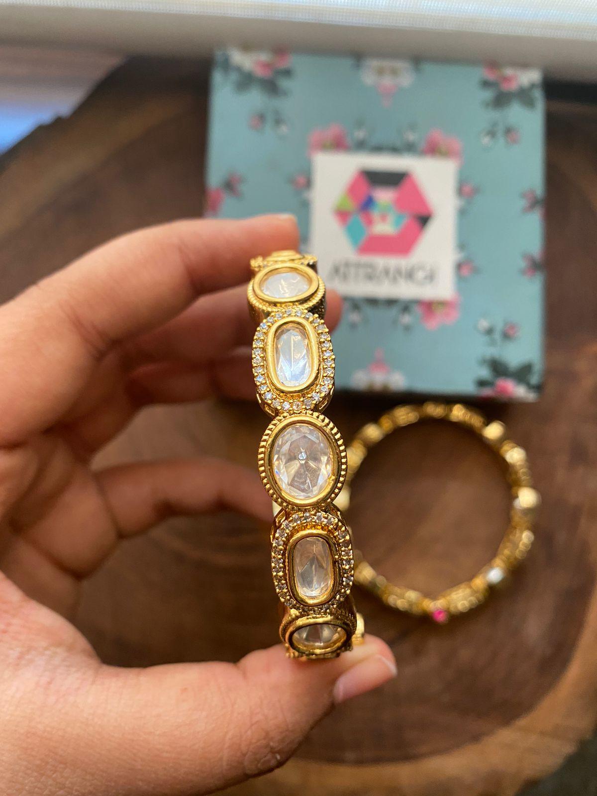Gold Finish Kundan Polki & Green Stone Bracelet Design by VASTRAA Jewellery  at Pernia's Pop Up Shop 2024