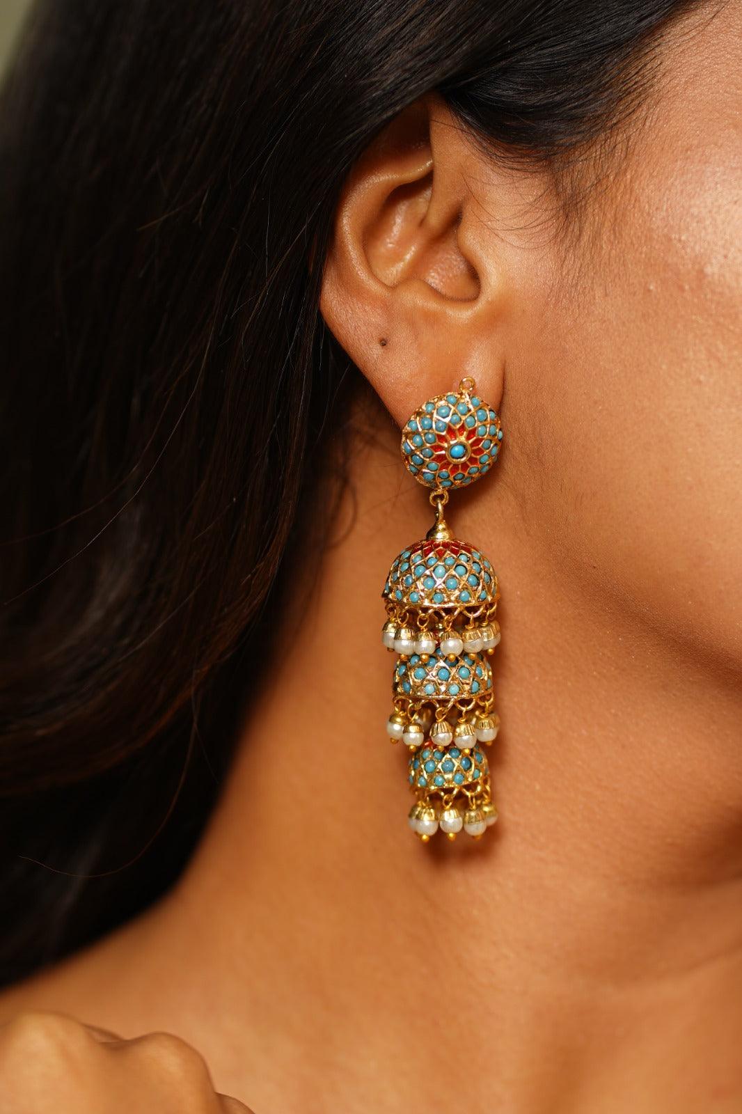 Oxidized mirror stud with 3 layer jhumka